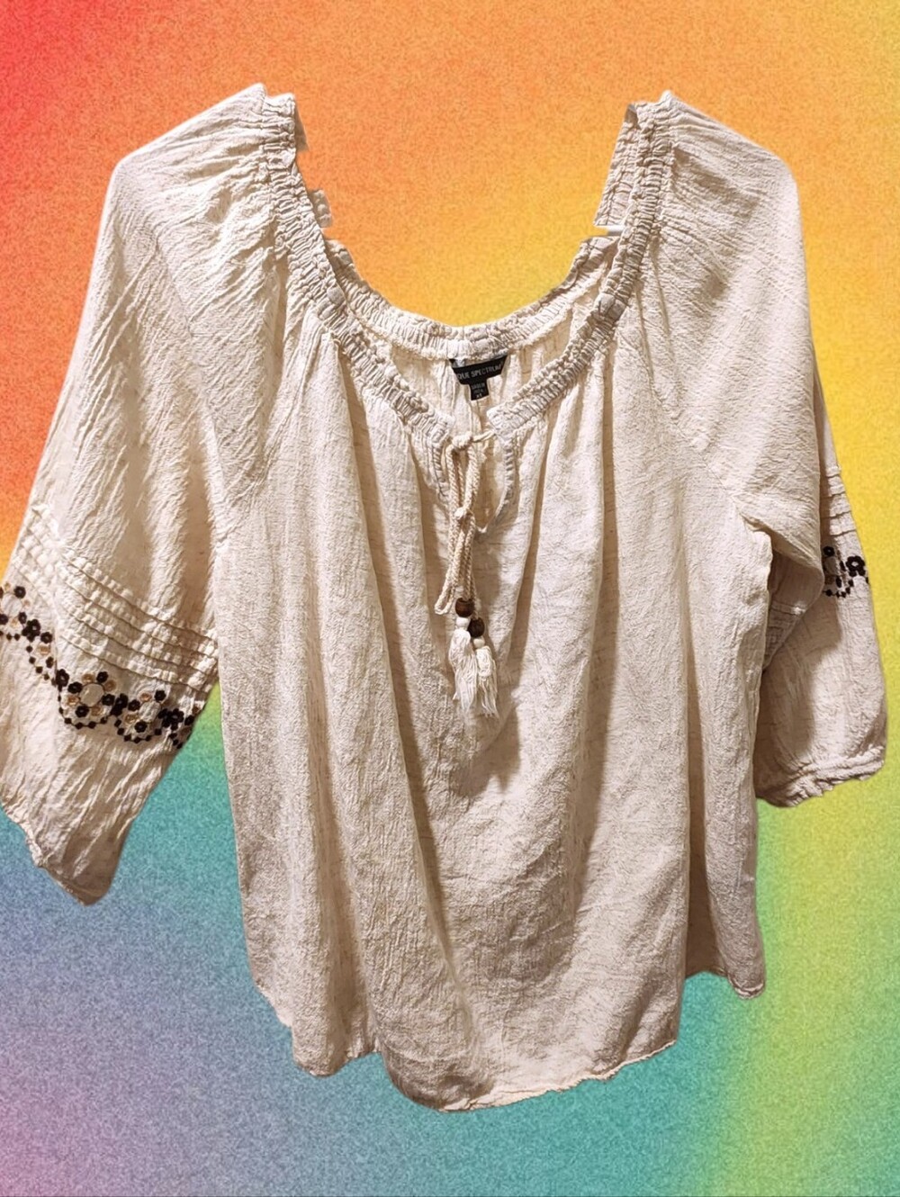 Unique Spectrum Cream Peasant Blouse with Tassel Tie & Brown Floral Details